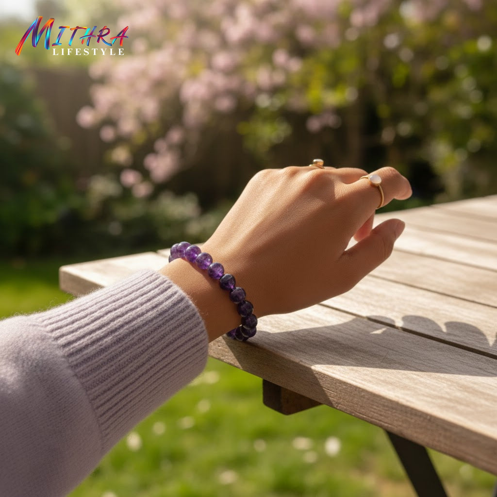Amethyst Natural Stone Bracelet – Calm & Clarity | Mithra Lifestyle
